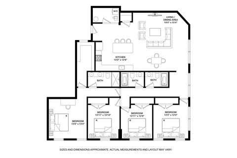 Floor plan for 4 beds, 3 baths, 2000 sqft